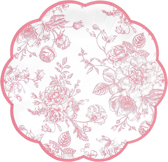 Pink Floral Party Plates Vintage Floral Leaf Disposable Paper Plates Wildflower Pink Toile 7" Scalloped Rim Dessert Plates for Valentines Birthday Bridal Tea Party Supplies (48)