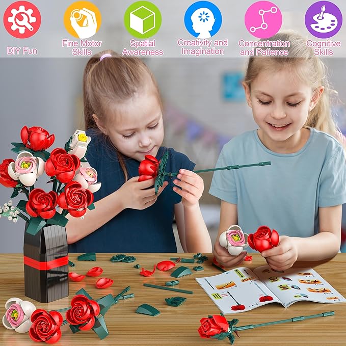 Roses Building Set with Vase, Flower Bouquet Building Kit for Home Office Decor - Flower Botanical Collection Toys Gift for Kids Girls and Adults Women on Valentine’s Day, Mother's Day - 841PCS