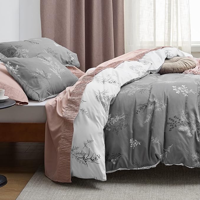 Bedsure Duvet Cover King Size - Reversible Floral Duvet Cover Set with Zipper Closure, 3 Pieces Grey Bedding Set with 8 Corner Ties and 2 Pillowcases 20"x36"