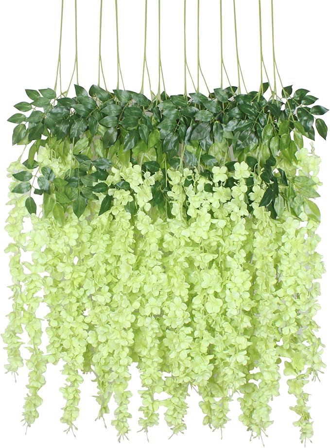 Duovlo 12 Piece Artificial Silk Wisteria Vine 3.6 Feet Hanging Flower Garland String Home Party Wedding Decor (Green)