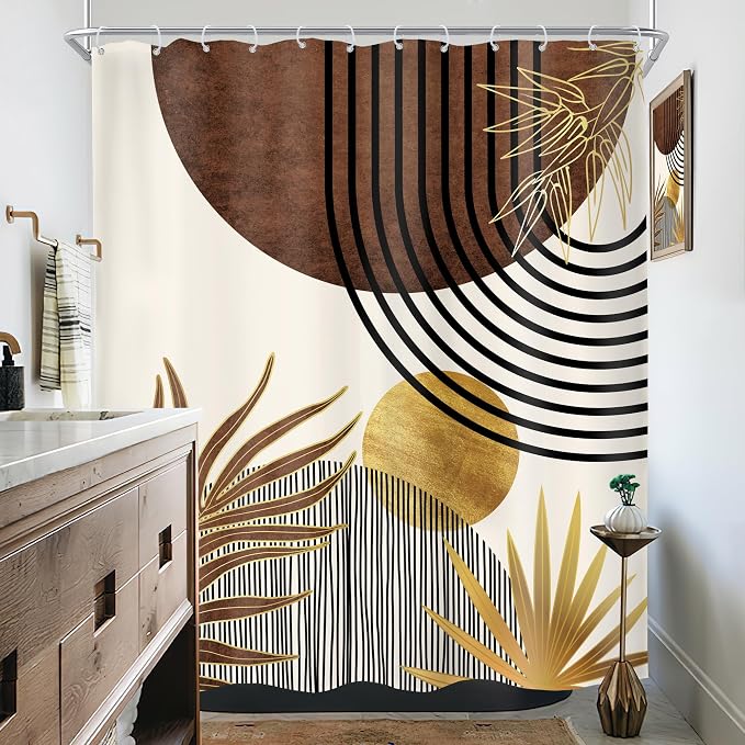 KOMLLEX Mid Century Boho Shower Curtain for Bathroom Decor 60Wx72H Inches Abstract Modern Sun Minimalist Arch Golden Leaves Art Line Geometric Aesthetic Fabric Waterproof Polyester 12 Pack Hooks