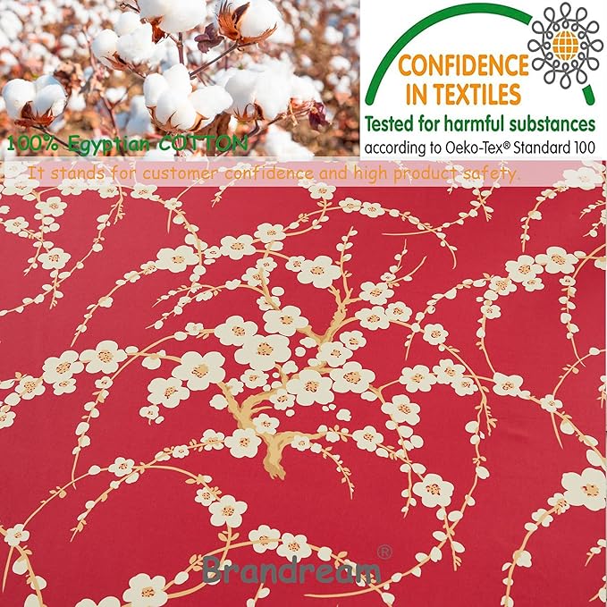 Brandream Sheets Set Twin Size Japanese Oriental Style Cherry Red Floral Blossom Branches Print Chinoiserie Bedsheets Pillowcases Set 100% Egyptian Cotton Sateen Botanical Tree Deep Pocket, 4 Pieces