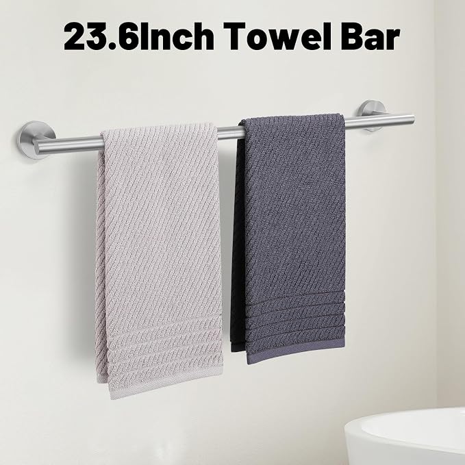 5 Pieces Brushed Nickel Bathroom Hardware Accessories Set SUS304 Stainless Steel Towel Bar Holder Set, 23.6Inch Towel Racks for Bathroom, Robe Towel Hooks, Toilet Paper Holder Wall Mounted