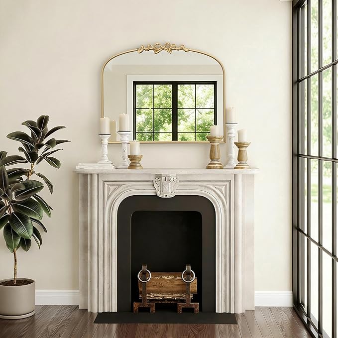Besdomus Antique Arched Large Mirror: 36"x29" Gold Bow Vintage Wall Mounted Mirror - Baroque Traditional Ornate for Fireplace/Bathroom/Entryway - Home Decor for Fashion-Conscious