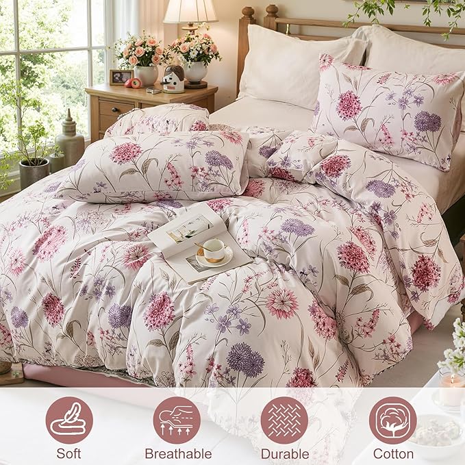 Bedding_Dreamer King Floral Comforter Set 100% Cotton Comforter 3 Pcs Red Pink Flower Bedding Set Lightweight Soft Reversible Bedding for All Season