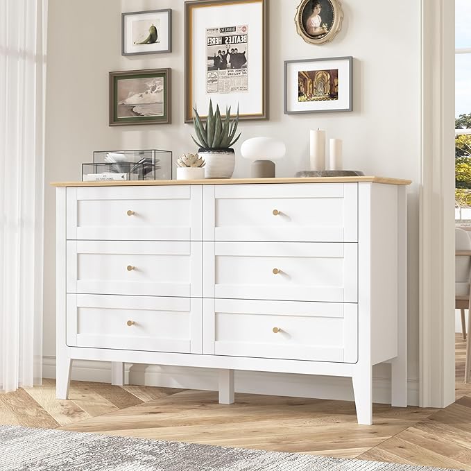 6 Drawers White Dresser for Bedroom, 47" Wide Wood Modern Chest of Drawers, Shaker Style, Modular Dresser TV Stand for Bedroom, Living Room, Hallway (White)