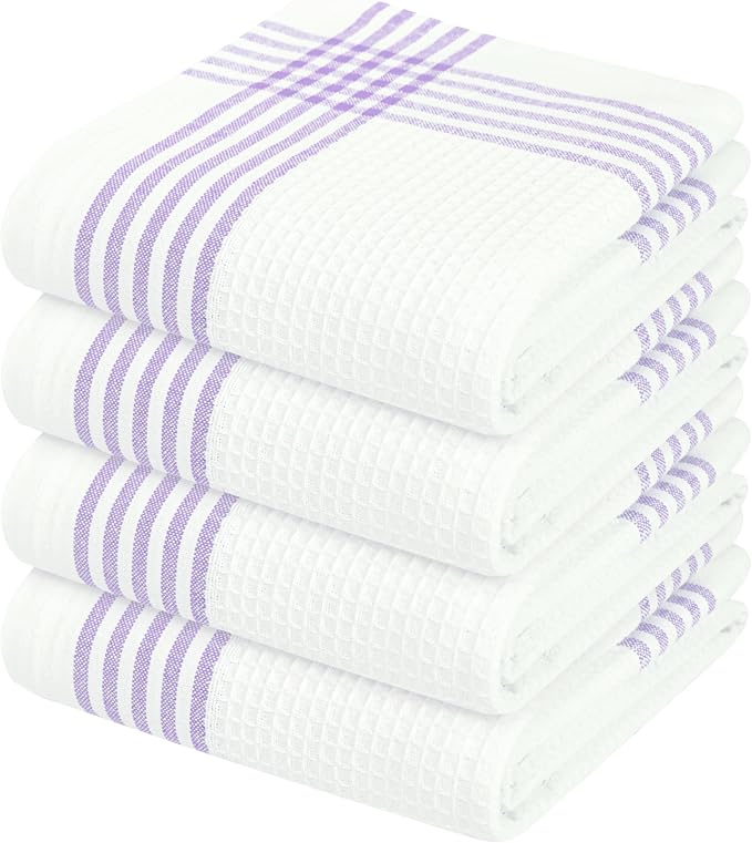 Waffle White & Lavender Kitchen Dish Towels 4 Pack, 100% Cotton, 16"x26", Thick Hand Towel for Drying Dishes, Quick Dry Washcloths, Perfect for Bar, Cooking, Serving, Cleaning