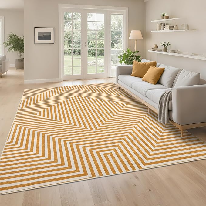 Washable Modern Lines Large Rug 10x13 for Living Room Modern Geometric Rugs Low Pile Soft Bedroom Carpet Thin Foldable Abstract Floor Carpet for Dining Kids Room Playroom, Orange Yellow
