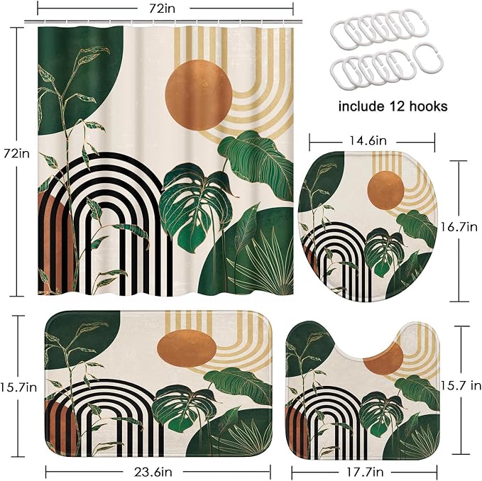 Green Boho Mid Century Shower Curtain Set with Toilet Lid Cover and Non-Slip Rugs, Abstract Retro Tropical 4 Pcs Modern Minimalist Vintage Shower Curtain for Bathroom Set with 12 Hooks
