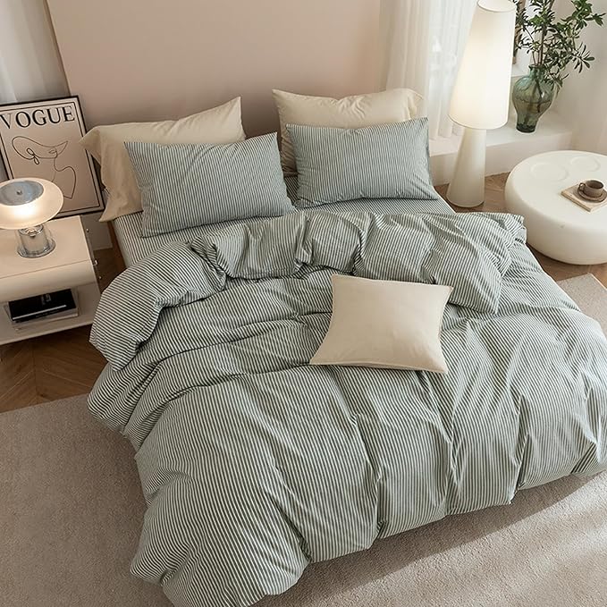 JIYUAN 100% Washed Cotton Striped Duvet Cover Set 3 Pieces Queen, 1 Duvet Cover and 2 Pillowcases(Comforter Not Included),Linen Like Bedding Set Comfy and Breathable,Pinstripes-Heathered Green White