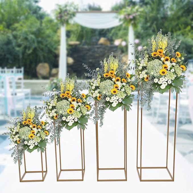 4PC Flower Stand for Wedding Metal Cylinder Stands for Party Rectangular Gold Centerpieces Flower Vase Gold Columns for Weddings Flower Plant Stand Decoration 15.74"/23.62"/31.49"/39.37"