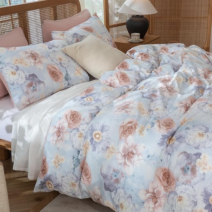 Queen Size Comforter Floral 3 Pieces Soft Chic Crinkle Gauze Fabric Peony Floral Print Lightweight Botanical Flower Comforter for All Seasons Luxury Warmth Comfy Breathable with 2 Pillowcases
