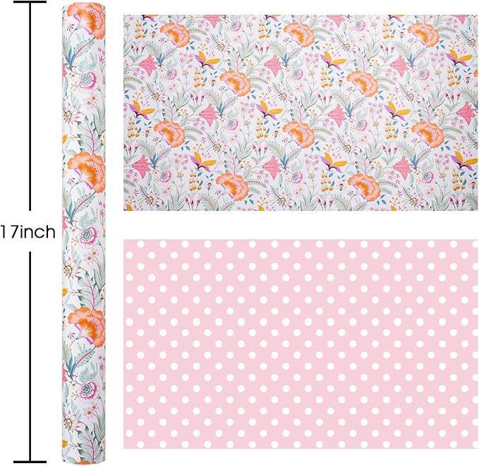 Merture Floral Wrapping Paper Roll with Pink Polka Dots Reverse - 17 In X 32.8 Ft(46.5 sqft) Vibrant Flower Desgin Gift Wrap for Mothers Day, Valentines Day, Birthday, Wedding, Anniversary