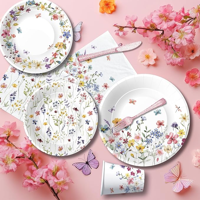 Wildflower Party Supplies, Floral Party Decorations Tableware, Plate, Napkins, Cup, Cutlery, Tablecloth, Backdrop, Banner, Spring Summer Flower Decorations For Birthday, Baby Shower, Serve 24