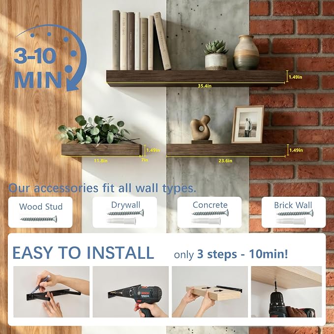 Floating Shelves for Wall, Bathroom Shelves Over Toilet, Wall Shelves & Book Shelf for Room, Hanging Shelf, Modern Wooden Mounted Floating Shelves, 24x7x1.5 in (Smoke Gray, Set of 2)