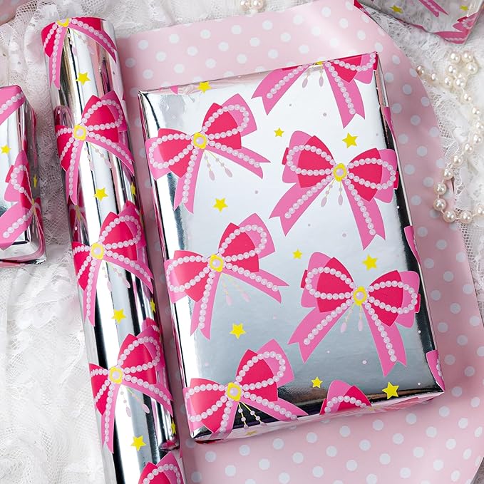 Homeral Pink Bow Wrapping Paper Roll - Mini Roll - 17 Inch x 33 Feet - Pink Ribbon Pearl Bow Perfect for wrapping paper for girls Valentine's Day, Girls Birthday, Bachelorette Party, Baby Shower.