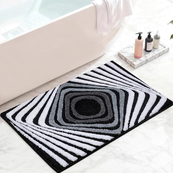 High Pile Tufted Bath Mat Non Slip Absorbent, Ultra Soft Microfiber Bathroom Rug with 3D Striped Pattern, Funky Small Rug for Sink, Toilet, Tub, Machine Washable, 16"x24", Black