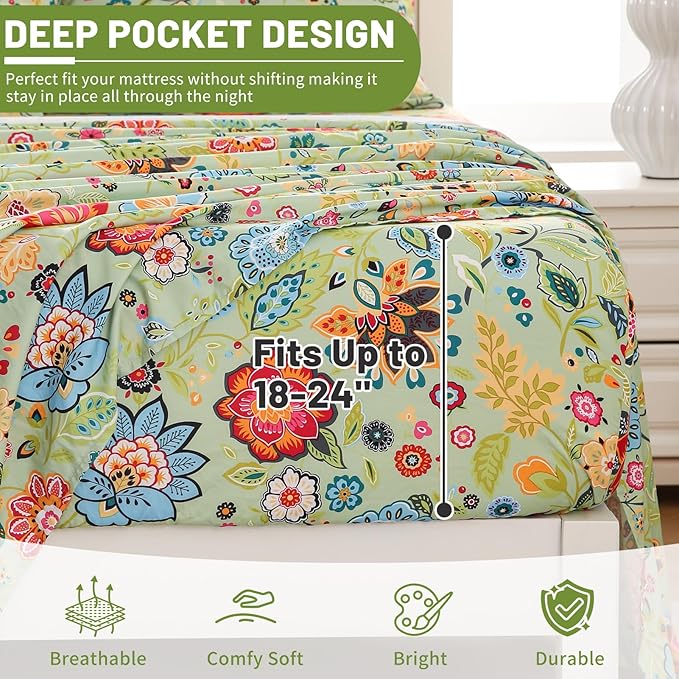 Bedlifes King Size Extra Deep Pocket Sheet Sets - Fits Mattresses Up to 18-24" Thick, 4-Piece Microfiber Set with 1800 Thread Count, Soft, Smooth, Breathable, Featuring Floral Sage Green