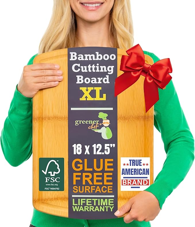 FSC-Certified Extra Large Bamboo Cutting Board Featuring 18 Inch Glue-Free Surface™ – XL, Non-Toxic Wooden Board for Family Kitchens, Butcher Block Style Food Prep with Lifetime Replacements