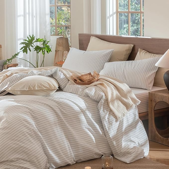 MooMee Striped Duvet Cover Set 100% Washed Cotton Linen Like Textured Breathable Durable Soft Comfy (White Cornflower Blue Wide Stripes, Alaska King 132"x120")