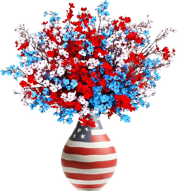 Yastouay 4th of July Artificial Flowers Decorations, 10 Pcs Red White and Blue Decorations, Fake Patriotic Babys Breath Flowers for Independence Day Decor Floral Arrangement