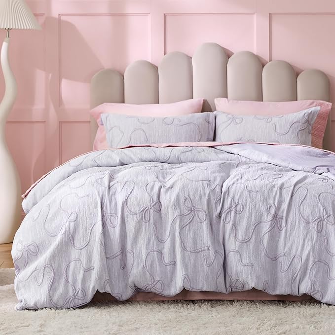 Bedsure Purple Duvet Cover Queen Size with Bowknot Jacquard Design, Soft and Elegant Boho Bedding Set, Luxurious Craftsmanship for a Stylish Bedroom,Includes 1 90"x90" Duvet Cover & 2 Pillow Shams