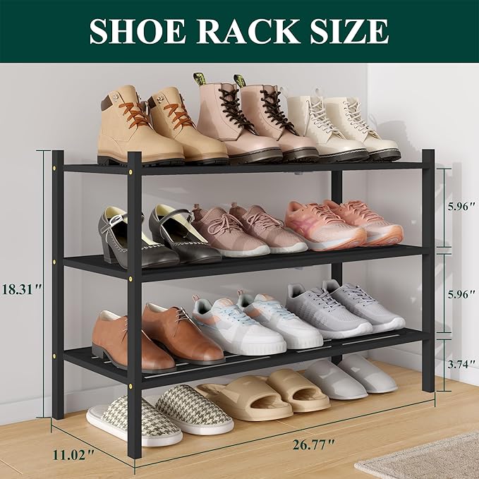 Smiry Bamboo Shoe Rack 3-Tier, Stackable Wooden Shoe Organizer for Entryway & Closet, Free Standing Wood Shoe Storage Shelf for Front Door & Small Spaces, Black