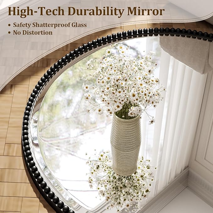 24 Inch Round Bathroom Mirror - Luxurious Retro Beaded Circle Decorative Wall Mirror with PU Frame Hanging Leaning as Art Decor for Entryway, Bedroom, Living Room, Hallway, Black