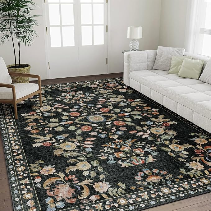 MUJOO 8x10 Area Rugs Washable,Large Floral Rugs for Living Room Bedroom Dining Room,Boho Indoor Floor Rug Non Slip Throw Carpet Low Pile Vintage Black