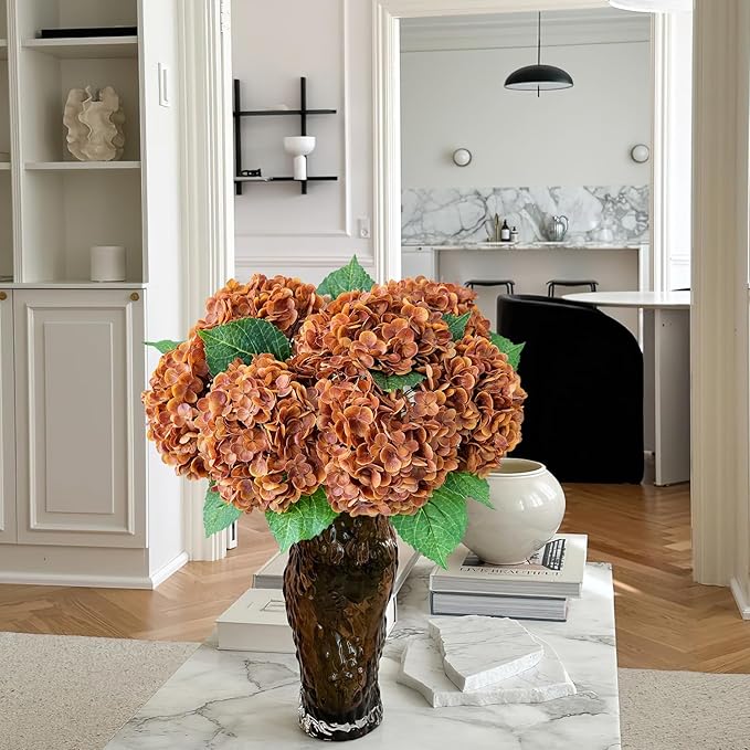 Fall Hydrangea Artificial Flowers, 3Pcs 21” Raw Umber Brown Latex Real Touch Flowers, Faux Silk Flowers Fake Artificial Hydrangeas with Stems for Bouquet Table Centerpieces Halloween
