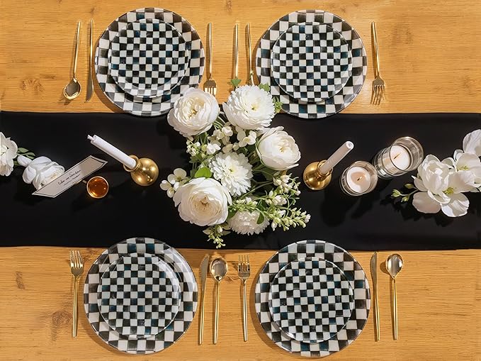 U-QE 20PCS Black Plastic Plates for Party - Retro Checkered Plates Disposable Heavy Duty - Black and White Plate for Party, Birthdays - 10 10.25 Inch Dinner and 10 7.5 Inch Dessert Plate