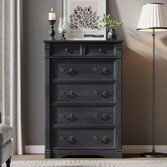 Black 6 Drawers Dresser, 47" Tall Dresser for Bedroom, Wood Rustic Tall Chest of Drawers with Chic Wood Pilasters, Farmhouse Dressers Organizer for Bedroom, Hallway