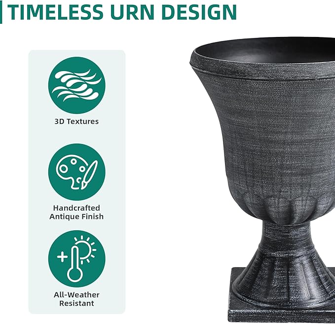 22" Large Urn Planters (Set of 2), Handmade Washed Black Plastic Flower Pots, Weatherproof for Porch, Garden, Patio or Home Décor