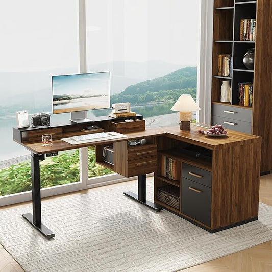 47.2'' Standing Desk with File Cabinet, Height Adjustable Electric Sit Stand Desk, Lateral File Cabinet, Computer Workstation for Home Office, Black Walnut