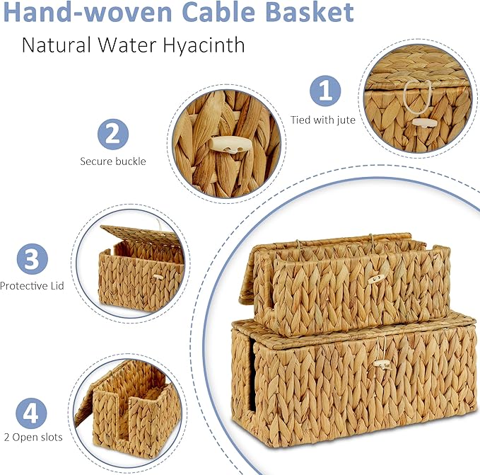 efluky 2 Pack Hand-Woven Cable Management Box with Lid, Water Hyacinth Open Slots Cord Box to Hide USB Wire, Power Strip & Charger for Home & Office and Dorm, Natural