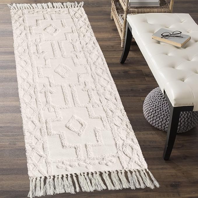 Uphome Boho Hallway Runner Rug 2'x 6', Beige Cotton Washable Kitchen Rug Runners with Tassels, Hand Woven Western Entryway Runner Rugs, Morrocan Accent Throw Carpet for Hallways Bedroom Bathroom