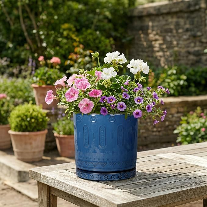 Eightpot Ceramic Planter, 6 Inch Plant Pot with Drainage Hole and Tray, Round Flower Pots for Indoor Outdoor Plants, Boho Decorative Pots for Plants, Bookshelf Decor, House Warming Gift, Blue