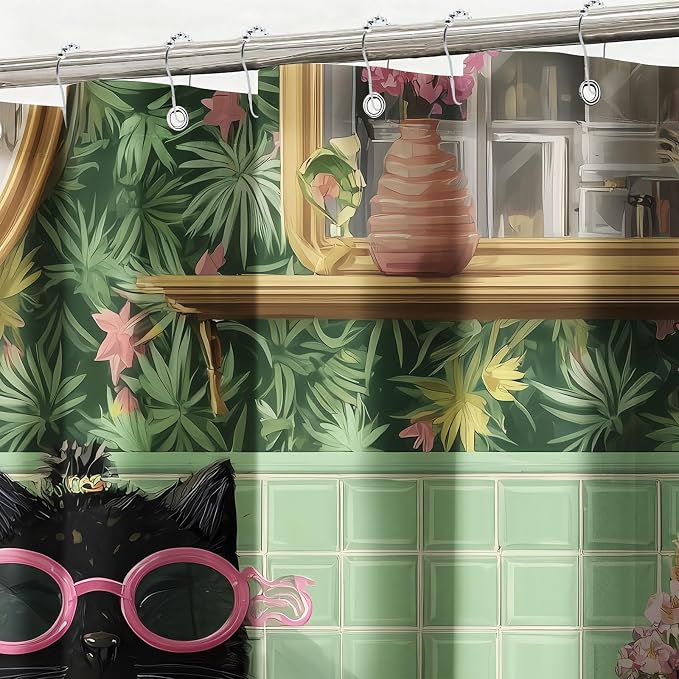 Funny Cat Shower Curtain Cute Kitten Taking Bath Shower Curtains for Bathroom Waterproof Fabric Bath Curtain Decor with Hooks