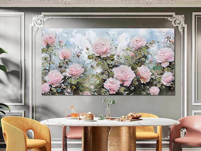 Ardemy Flower Wall Art Canvas Art Wall Decor, Floral Painting Textured Picture Living Room Pink Rose Artwork Large Framed for Bedroom Kitchen Dining Room Home Office Decor 48"x24"