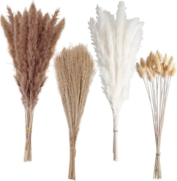 100 PCS Small Boho Pampas Grass, 17" Naturally Dried Pompas, Pampas Grass Decor for Wedding , Boho Party Decorations, Table Decor（Brown and White）