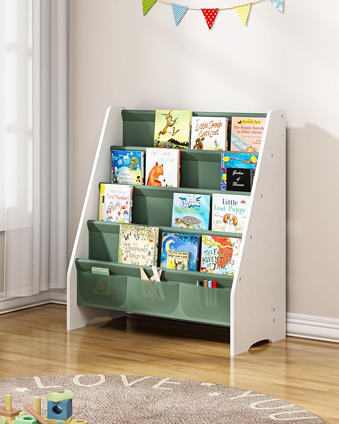 SEIRIONE Sturdy Kids Bookshelf,4-Tier Book Shelf for Kids Room with Tear-Proof Oxford Fabric-Nursery Room Playroom Classroom,Deep Slings to Keep Books Upright,Ideal Height for Toddler Age 3+, Green