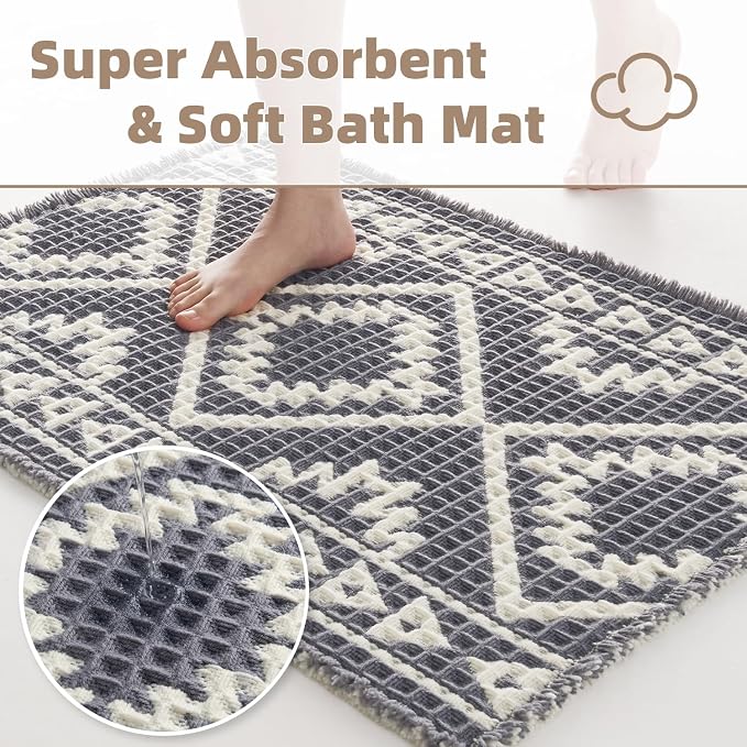 PADOOR-Waffle Bathroom Runner 24"x48", Super Absorbent Bath Mats for Bathroom, Machine Washable Non Slip Bath Rug with Tassels, Soft Bath Mat for Laundry Room, Bedroom, Grey & Cream, 2'x 4'