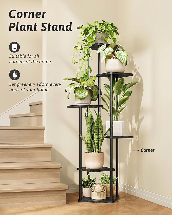 GENTINGBRO Corner Plant Stand Indoor 6 Tiered Plant Shelf for Multiple Plants Tall Plant Stand Shelf Wood Plant Stands Metal Shelving for Living Room Bedroom Balcony Black