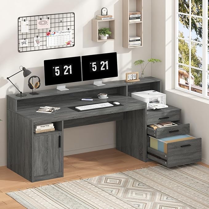 Executive Computer Desk with 3 Drawers & Storage Shelves, 65 Inch Home Office Desk with File Drawer & Cabinet, Writing Study Desks with Monitor Stand & Printer Shelf, Dark Grey