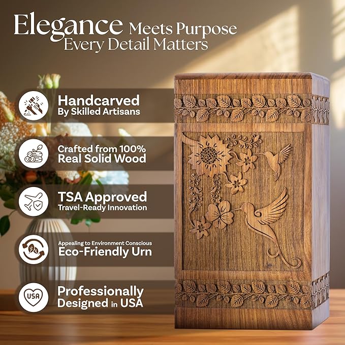 INTAJ Handcarved Rosewood Hummingbird Urn for Human Ashes Adult Male Female - Floral Carving 115 lbs Capacity - Wooden Cremation Urn Box Suitable for Burial Funeral Decorative Memorial Casket