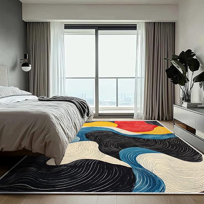 6x9 Colorful Area Rug Modern Abstract Black White Blue Beige Red Yellow Bedroom Rug Soft Low Pile Thin Large Carpet Living Room Non Slip Dining Room Stain Resistant Office Washable Machine