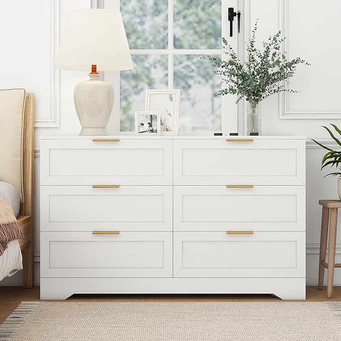 White 6 Drawer Dresser for Bedroom, Modern Dresser Chest of Drawer with Large Drawers & Rose Gold Handles, Wooden Dressers Drawer Storage Unit for Bedroom, Living Room, Closet