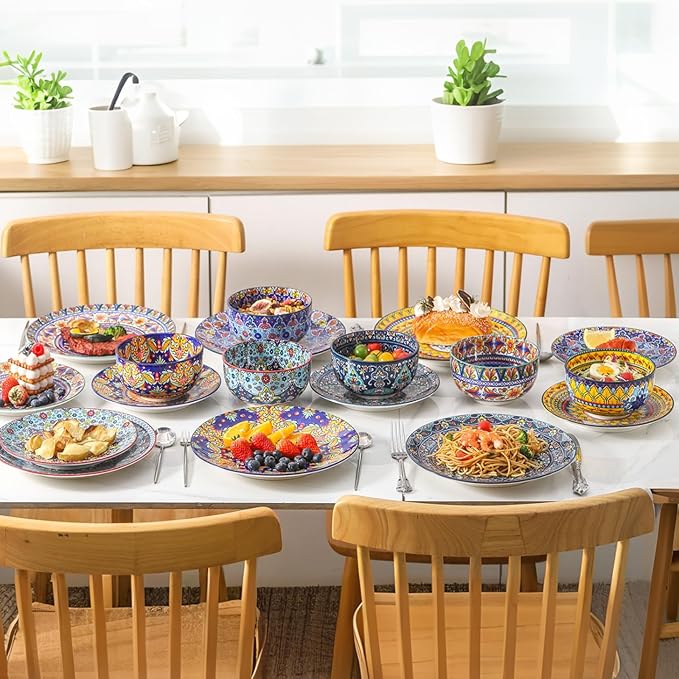 HASENSE 18 Pieces Kitchen Dinnerware Sets Service for 6, Bohemian Style Plates and Bowls Set, Ceramic Vintage Tableware Dishes Set, Scratch Resistant Microwave and Dishwasher Safe, Assorted Color