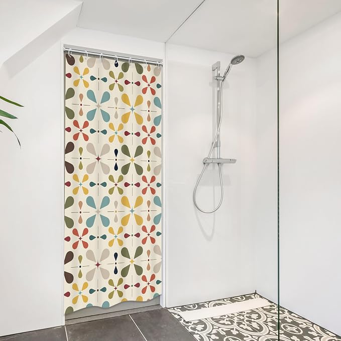 Boho Mid Century Shower Curtain Bathroom Set 36Wx71H Inches Small Stall Modern Vintage Abstract Bohemian Colourful Geometric Retro Bath Accessories Aesthetic Art Home Decor Fabric 7 Pack Hooks