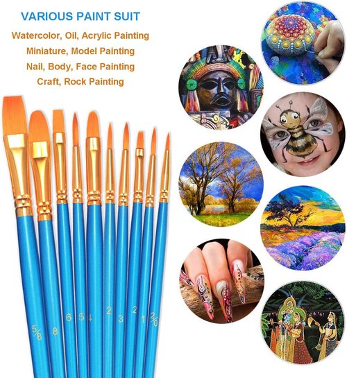 BOSOBO Paint Brush Set - 10 Pack of Pointed-Round Tip Brushes for Acrylic, Watercolor & Oil Painting - Blue